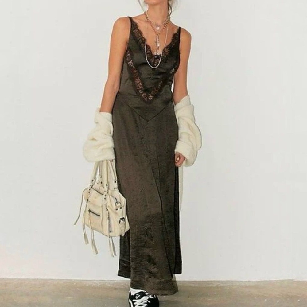 Free People Black Lace-Trim Slip Maxi Dress